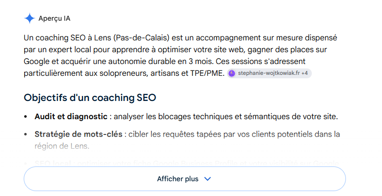 aperçu IA de Google sur la recherche "coaching SEO Lens"